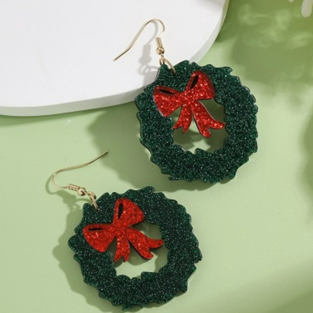 Christmas Wreath With Red Bow Drop Earrings